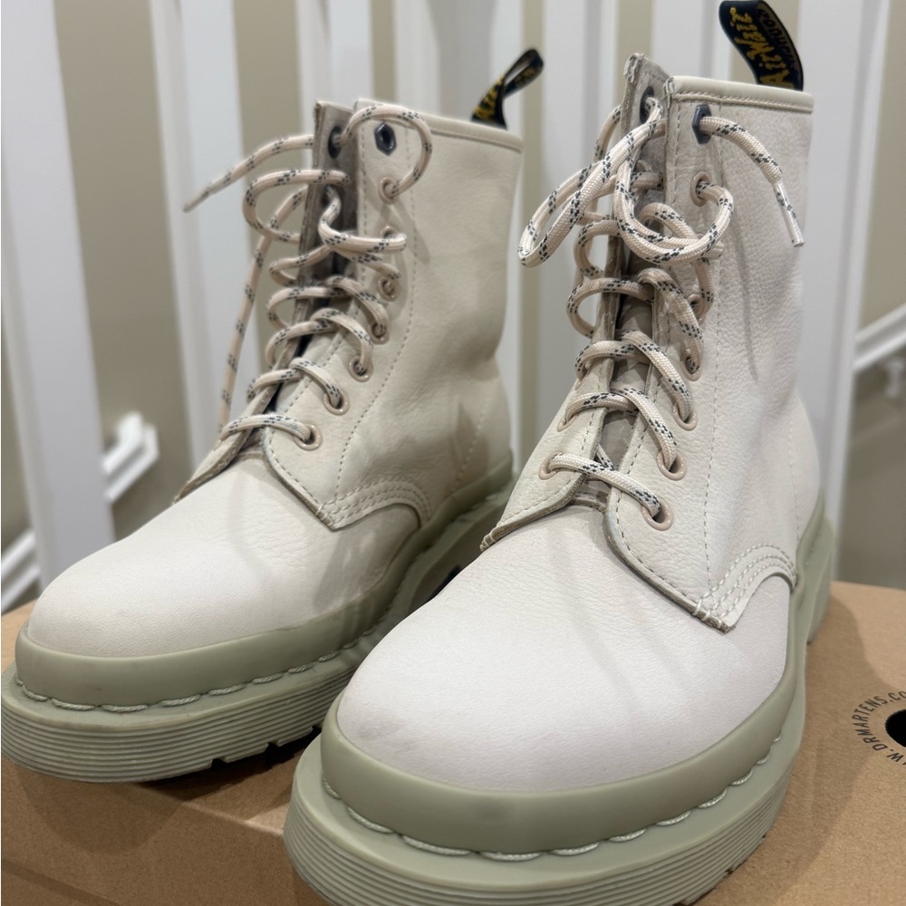 Doc Martens women’s 1460 milled nubuck leather boots, beige color, no box.